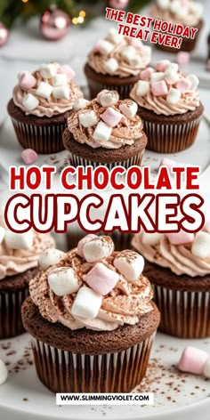 hot chocolate cupcakes with marshmallows on top and text overlay