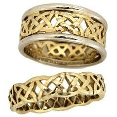 two gold wedding bands with intricate designs on each band, set in 18k yellow gold