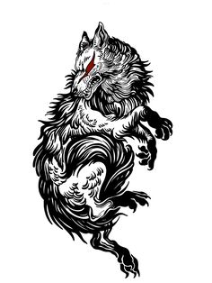 a black and white drawing of a wolf with red eyes on it's face