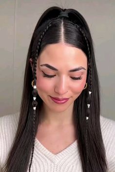 Inside Out Hair Hairstyles, Latina Hairstyles Braids, Straight Hair With Braid, Latina Hair, Dress Up Day, Cool Braid Hairstyles, Two Braids, Cool Braids