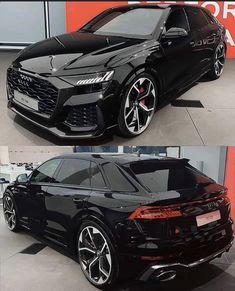 two different views of a black car in a showroom