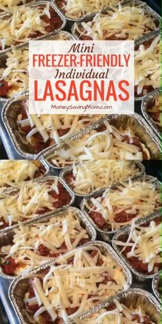 freezer friendly lasagna recipe with cheese on top and in tin foil pans