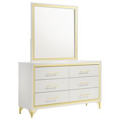 a white dresser and mirror with gold trimmings on the bottom, against a white background