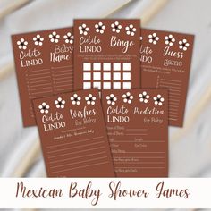 mexican baby shower games with brown flowers on them and the words, mexico baby shower games