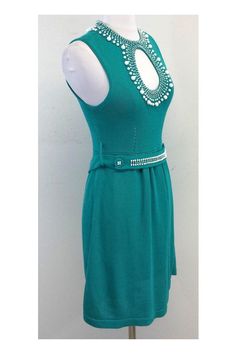 Size X-Small Teal Sleeveless Beaded Dress Body 60% Cotton 40% Rayon Buttons on back of neckline White beaded details Waist belt Bust cut out Gathered waist Shoulder to Hem 35.5" Chic Sleeveless Beaded Dresses, Body Dress, Nanette Lepore, Casual Work, Beaded Dress, Work Casual, Waist Belt, Fashion Casual, Sleeveless Dress