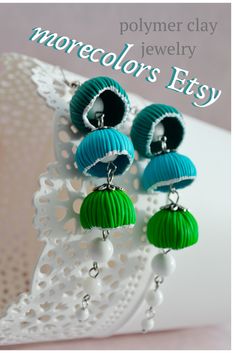 Green and blue statement earrings. Original hand made long cluster earrings of polymer clay. Wear this cute artisan earrings in any time with any outfit as an added statement to complete the look. #earrings #long_earrings #blue_earrings #green_earrings Whimsical Blue Polymer Clay Earrings, Bohemian Blue Polymer Clay Earrings, Blue Statement Earrings, Teacher Summer, Light Jewelry, Clay Craft, Color Earrings, Bridesmaid Gifts Jewelry, Jewelry White