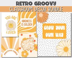 the retro grooy classroom decor bundle includes posters, cards and magnets for kids