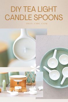 tea light candles and spoons are arranged on a table with the words diy tea light candle spoons