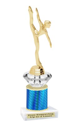 a gold trophy with a blue ribbon around it and a figure on top of it