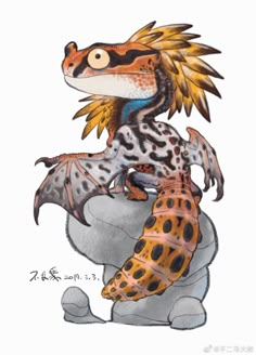 a drawing of a dragon sitting on top of a stuffed animal with spots and feathers