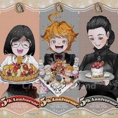 three anime characters holding plates with desserts on them