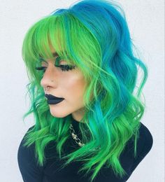 Neon Green Hair Streaks, Blonde And Neon Green Hair, Emerald And Neon Green Hair, Blue And Neon Green Hair, Split Dyed Hair Neon Green, Pulp Riot Hair Color, Pulp Riot Hair, Haircuts For Curly Hair, Emo Hair