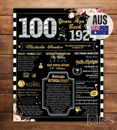 a black and white poster with the words 100 years of australia in gold on it