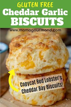 two cheddar garlic biscuits stacked on top of each other with the words copycat red lobster's cheddar bay biscuits