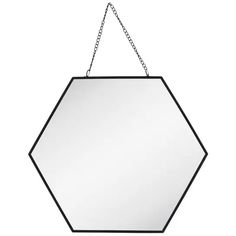 a black and white hexagonal mirror hanging from a chain