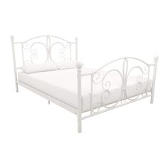 a white metal bed frame with no headboard and foot board is shown in front of a white background