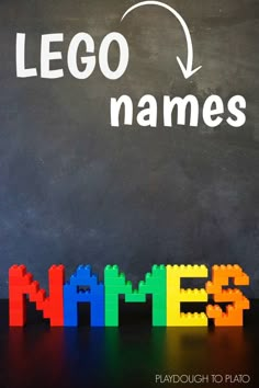 the word lego names spelled out in front of a chalkboard with an arrow pointing to it