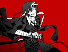 an anime character with black hair and white eyes holding a knife in his hand while standing against a red background