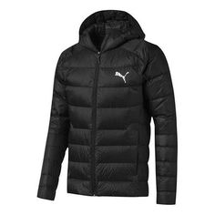 PUMA Pwrwarm Packlite Down Jacket 'Black' 580902-01 Black Nylon Hooded Jacket For Cold Weather, Black Winter Puffer Jacket For Outdoor, Black Long Sleeve Puffer Jacket For Outdoor, Nylon Sports Puffer Jacket, Sports Nylon Puffer Jacket With Long Sleeve, Nylon Puffer Jacket For Sports, Black Nylon Outdoor Puffer Jacket, Black Windproof Nylon Puffer Jacket, Black Nylon Puffer Jacket For Outdoor