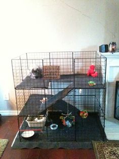 a living room with a fire place and a caged in animal house on the floor