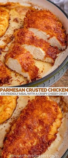 two pictures showing how to make parmesan crusted chicken