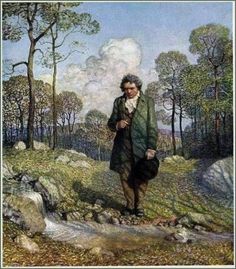 a painting of a man standing in the woods holding a bag and looking at something