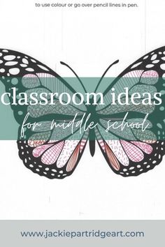 a butterfly with the words classroom ideas for middle school written in green and pink on it