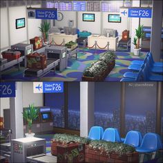 an airport lobby with blue chairs and green plants on the floor, and two pictures of luggage