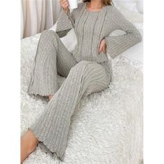 -Item Id 26020481 -Color: Apricot -Style: Casual-Woman -Pattern Type: Plain -Type: Pant Sets -Neckline: Round Neck -Details: Rib-Knit -Sleeve Type: Regular Sleeve -Pants Length: Long -Tops Length: Regular -Fit Type: Regular Fit -Tops Sleeve Length: Long Sleeve -Waist Line: Natural -Number Of Pieces: 2 Piece Set -Pants & Tops Material: Rib Knit -Pants & Tops Composition: 95% Polyester, 5% Elastane -Fabric: Medium Stretch -Care Instructions: Machine Wash Or Professional Dry Clean -Sheer: No **Open Ribbed Long Sleeve Top, Plain Pants, Pant Sets, Casual Sportswear, Flare Leg Pants, Knit Sleeve, Boutique Tops, Flared Pants, Collars For Women