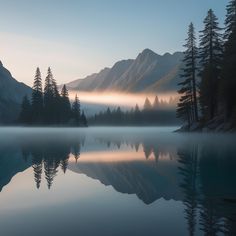 a lake surrounded by trees and mountains in the distance with mist coming off it's sides