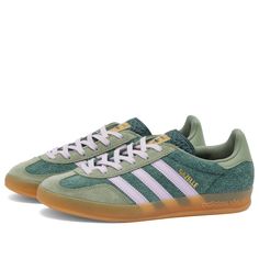 Adidas Gazelle Indoor Mineral Green, Silver Dawn & Silver Green | END. (US) Addis Shoes, Addias Outfits, Green Sambas, Green Gazelle, Fashion Sneakers Women's, Adidas Gazelles, Adidas Gazelle Indoor, Mineral Green, Essential Clothing