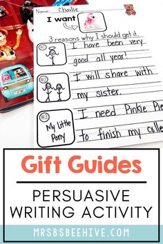 the gift guide for persutive writing activity with pictures and text on it,