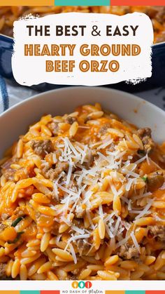 the best and easy hearty ground beef orzo in a bowl with text overlay