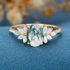 Oval Cut Natural Green Moss Agate Cluster Engagement Ring Moss Agate And Opal Engagement Ring, Rose Gold Oval Engagement Ring, Future Engagement Rings, Green Moss Agate, Agate Engagement Ring, Engagement Ring White Gold, Cluster Engagement Ring, Engagement Rings Opal, Yellow Gold Engagement Rings