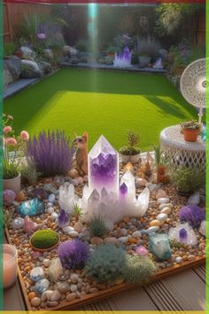 a garden with rocks and plants in the center, surrounded by green lawning area