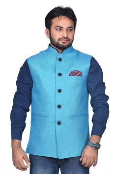 "This dress is shipped to you via a fast shipping so that normally the product is delivered to you in 3 to 5 days Only Waistcoat Jacket Style Ethnic Menswear Body Fit Size . All waist coat nehru jacket Also We Keep 2.5 Inches Extra Margin In The Dress. Disclaimer, Product Colour may slightly vary due to photographic lighting sources or your monitor settings. Care Instructions: Dry clean only When to wear: Suitable for both winter and summer season =waistcoat nehru jacket= Impress everyone with y Formal Cotton Nehru Jacket With Long Sleeves, Formal Long Sleeve Cotton Nehru Jacket, Blue Nehru Jacket With Stand Collar For Winter, Blue Winter Nehru Jacket With Stand Collar, Blue Nehru Jacket For Semi-formal Diwali Occasion, Blue Nehru Jacket For Diwali Semi-formal, Cotton Nehru Jacket For Eid, Blue Nehru Jacket For Semi-formal Winter Events, Blue Nehru Jacket With Stand Collar For Festive Occasions