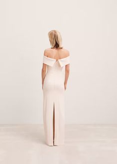 Off-the-shoulder dress with slit detail - Women | Mango USA Fitted Gowns, Mango Outlet, Elegant Party Dresses, Tailored Design, Tailored Dress, Capsule Collection, Guest Dresses, The White, Jumpsuit Dress