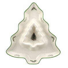 a christmas tree shaped dish with green trim