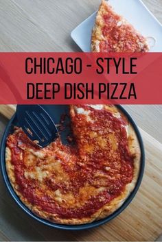 the chicago style deep dish pizza is ready to be eaten with a fork and knife