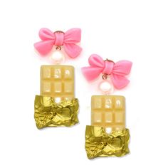 "Details: -Hypoallergenic surgical steel posts -Pink Resin Bows -High quality glass pearls -1\" chocolate bar charms with gold foil wrapper -2\" total length -1\" width -Choose your favorite color from the drop-down menu -Handmade & Limited -Closes with butterfly clutch backings *Please note decorated eggs may have tiny flaws in the paint.  **Made to order - may take up to 2 weeks to make before shipment** Every order comes with free gift packaging! Please contact me with any questions you may have and thanks for shopping FFD!" Sweet Hypoallergenic Earrings As Gift, Sweet Hypoallergenic Earrings For Gifts, Trendy Pink Plug Earrings As Gift, Yellow Dangle Plug Earrings As Gift, Playful Gold Earrings For Gift, Playful Gold Earrings As A Gift, Sweet Gold Earrings For Gift, Candy Earrings, Earrings Food