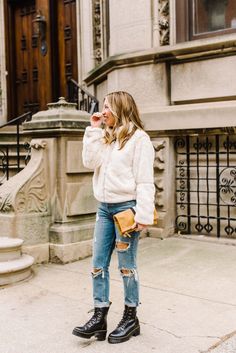 Current Go-To Outfit: Cute Jeans, Fuzzy Coat & Combat Boots | The Mom Edit Combat Boots Outfit Fall, Biker Boots Outfit, Grey Combat Boots, Jeans And Combat Boots, Mom Edit, Converse Outfits