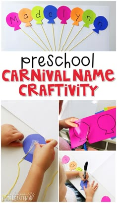 this is a collage of pictures with the words preschool carnival name craftivity