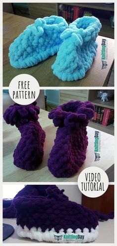 three pictures showing how to crochet slippers