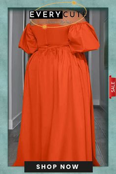 Tangerine Red Casual Work Elegant Solid Pocket Fold Halter A Line Plus Size Dresses Non-stretch Red Dress, Casual Orange A-line Dress, Retro Orange A-line Dresses, Orange V-neck Dress In Free Size, Red Long Free-size Kaftan, Orange A-line Cotton Dress, Casual Work, Wholesale Fashion, Work Casual