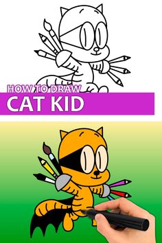 a person holding a pen in front of a cartoon cat with the caption how to draw cat kid