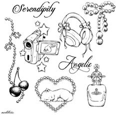 an ink drawing of various items that are in the shape of hearts and stars, including beads