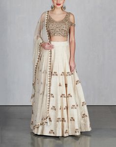 Off White Ginkgo Lehenga with Cold Shoulder Blouse and Dupatta Gorgeous Lehengas, Matching Bridesmaids Dresses, Sleeve Patterns, Indian Bridesmaid Dresses, Indian Bridesmaids, Red Bridal Dress, Ethnic Dresses, White Lehenga, Punjabi Salwar