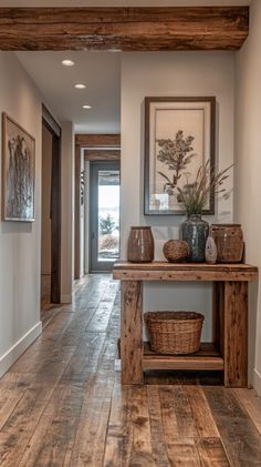 Hallway Design Ideas, Home Sanctuary, Brick Archway, Rustic Hallway, Wooden Beams Ceiling, Rustic Wooden Bench, Rustic Entryway, Wainscoting Panels, Wooden Floorboards