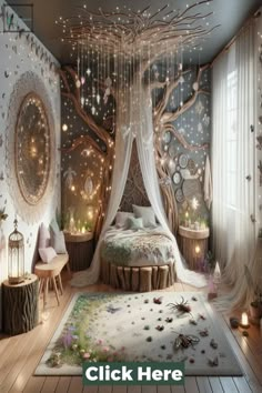 a bedroom decorated in white with lots of lights