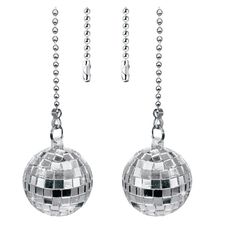 two silver disco balls hanging from chains on a white background, one is in the shape of a ball